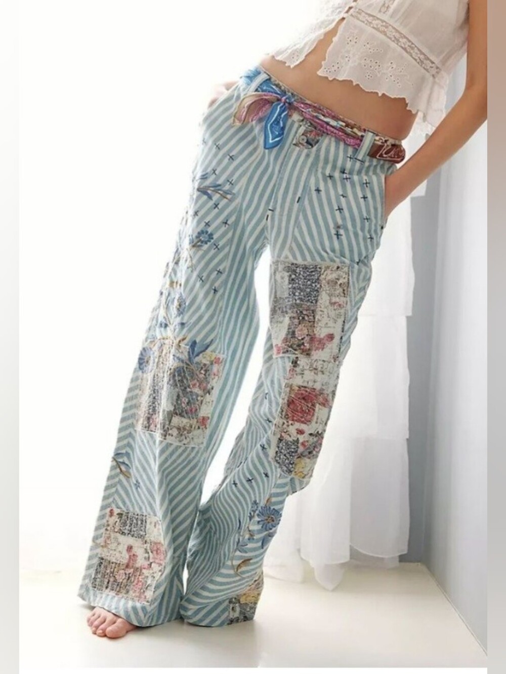 New Free People Wide Leg Lightweight Railroad Stripe Cotton Fabric Pants. Jeans - Picture 3 of 9